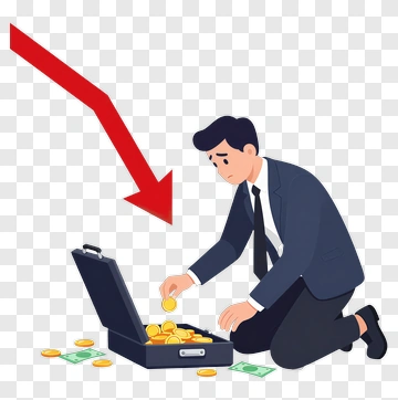 Businessman Counting Coins With A Downward Arrow PNG