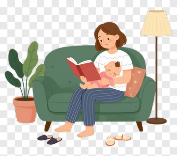Mother Reading A Book To Baby On A Couch PNG