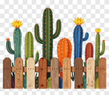 Colorful Cactus Garden With Wooden Fence PNG