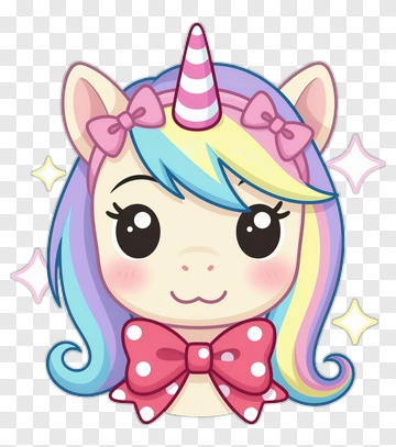 Cartoon Unicorn With Colorful Hair And Bow PNG