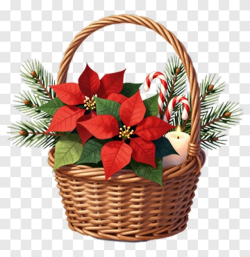 Christmas Basket With Poinsettias And Candy Canes PNG