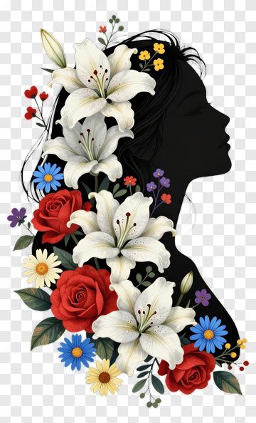 Silhouette Woman With Colorful Flowers PNG