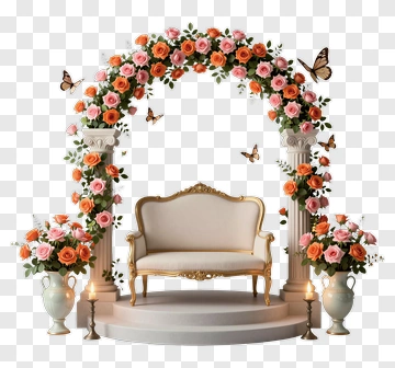 Elegant Floral Wedding Arch With Seating PNG