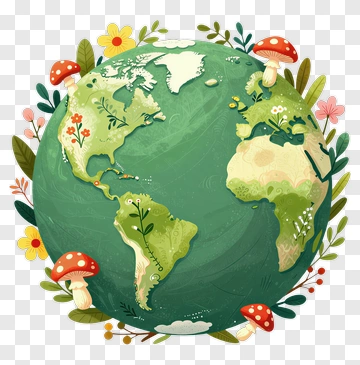 Colorful Earth Surrounded By Flowers And Mushrooms PNG