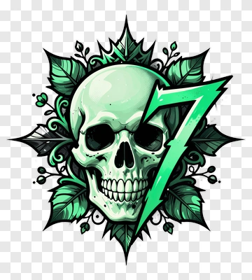 Skull With Green Lightning And Leaves PNG