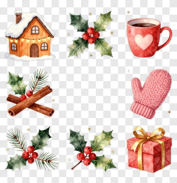 Christmas Elements Including Cottage, Mug, And Gift PNG