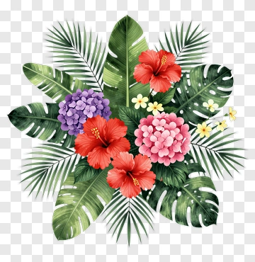 Colorful Floral Arrangement With Hibiscus And Leaves PNG