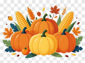 Colorful Pumpkin Arrangement With Corn And Leaves PNG