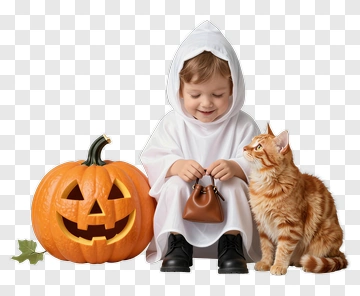Child In Ghost Costume With Halloween Pumpkin And Cat PNG