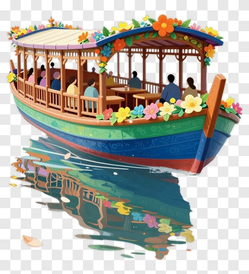 Colorful Boat With Passengers On Water PNG