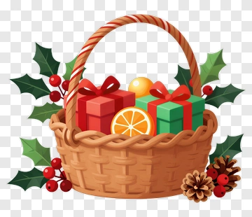 Christmas Gift Basket With Oranges And Holly PNG