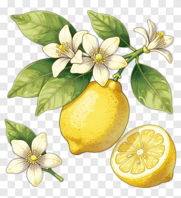 Lemon With Blossoms And Slices PNG
