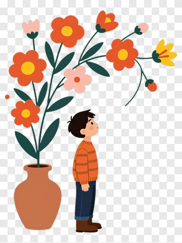 Boy Standing Beside A Flower Pot PNG