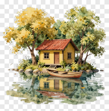 Cozy House By The Lake With Trees PNG