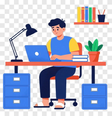 Cartoon Student Working On A Laptop At A Desk PNG
