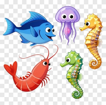 Cartoon Sea Creatures Including Fish, Shrimp, And Seahorses PNG