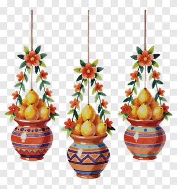 Colorful Hanging Pots With Flowers And Fruits PNG