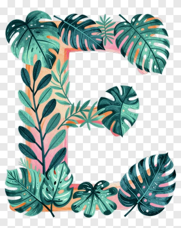 Letter E Surrounded By Tropical Leaves PNG