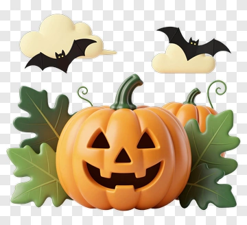 Halloween Pumpkin With Bats And Leaves PNG