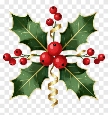 Holly Berry And Leaves With Gold Ribbon PNG