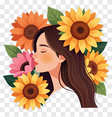 Woman With Sunflowers And Pink Flowers PNG