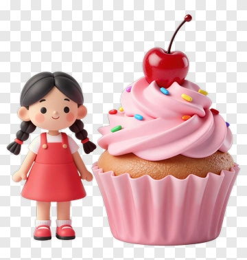 Cartoon Girl Standing Beside A Cupcake PNG