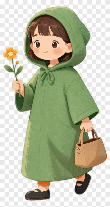 Girl In Green Raincoat Holding A Flower PNG
