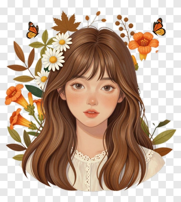 Young Woman Surrounded By Flowers And Butterflies PNG