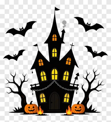 Halloween Haunted House With Pumpkins And Bats PNG