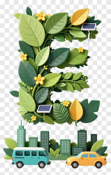 Eco-Friendly Letter E With Leaves And Cars PNG