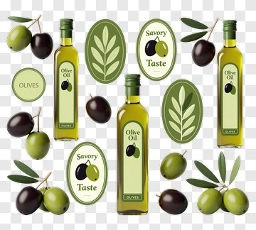 Olive Oil Bottles With Green And Black Olives PNG