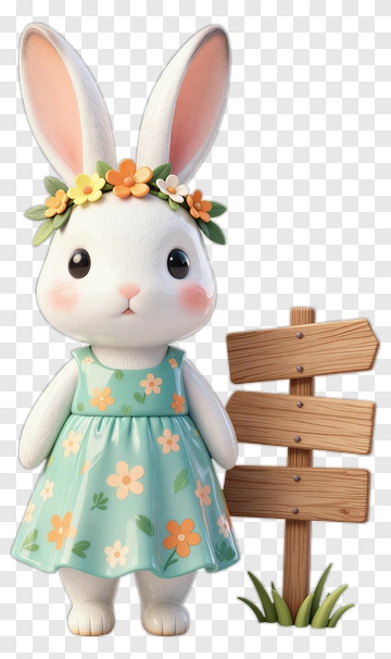 Cartoon Rabbit In A Floral Dress By A Wooden Sign PNG