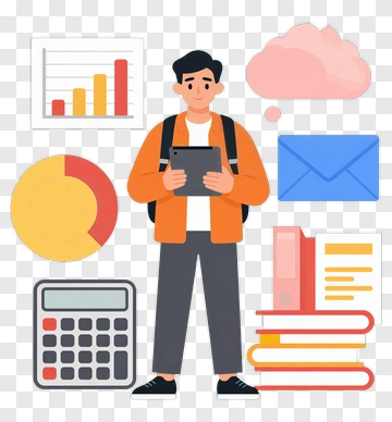 Student Holding A Tablet Surrounded By Study Elements PNG