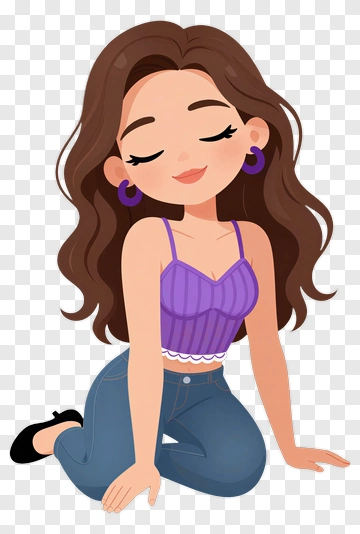 Cartoon Girl Kneeling In Purple Top PNG