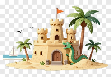 Cartoon Sandcastle With Dragon And Palm Trees PNG