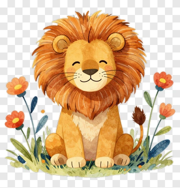Cartoon Lion Sitting Among Flowers PNG