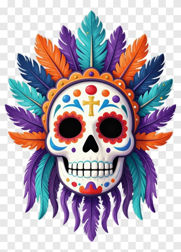 Colorful Sugar Skull With Feathers PNG