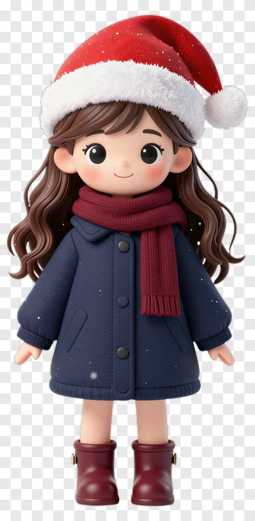 Cartoon Girl In Winter Outfit With Santa Hat PNG