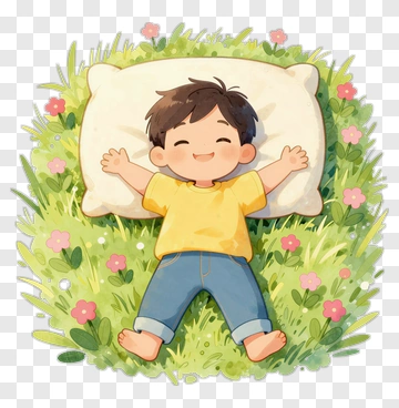 Happy Child Lying On Grass With A Pillow PNG