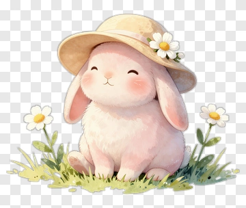 Cute Rabbit Wearing A Hat Surrounded By Flowers PNG