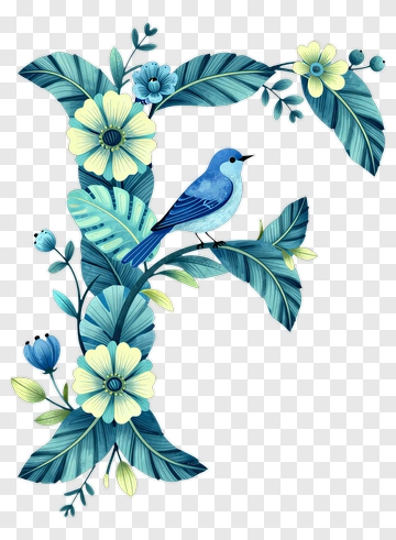 Blue Bird Among Floral Leaves PNG