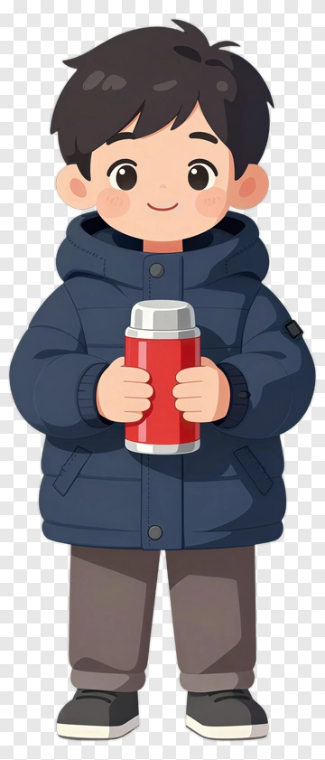 Cartoon Boy Holding A Red Thermos PNG