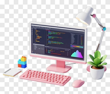 Pink Computer Setup With Coding Display And Desk Lamp PNG