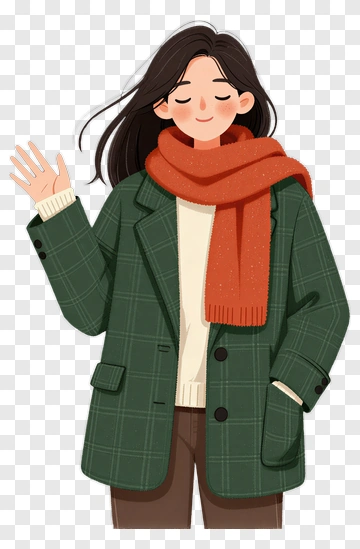 Cartoon Woman Waving In A Green Coat PNG