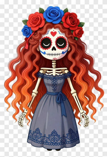 Skeleton Woman In Blue Dress With Floral Headband PNG