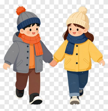 Cartoon Children Walking Together In Winter Clothing PNG