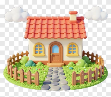 Cartoon House With Garden And Fence PNG