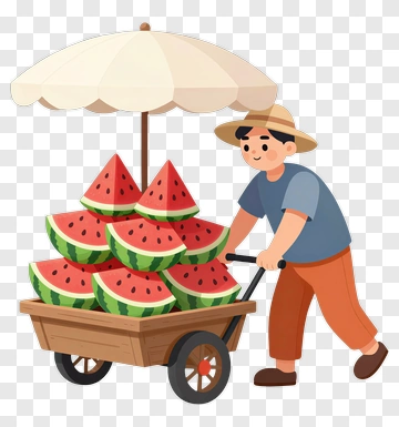 Cartoon Watermelon Vendor Pushing A Cart PNG