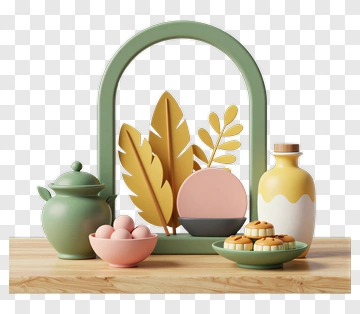 Decorative Kitchen Display With Plants And Treats PNG
