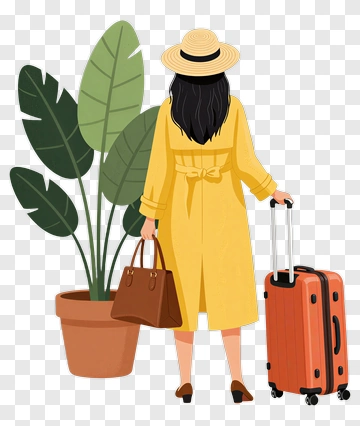 Woman In Yellow Coat With Luggage And Plant PNG